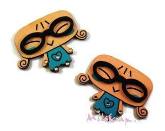Set of 2 girls with glasses wood blue scrapbooking cardmaking *.