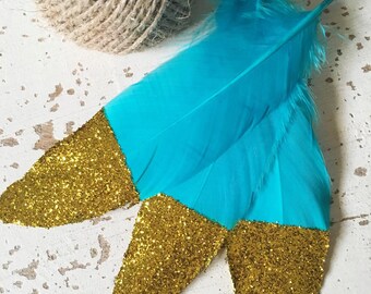 Paillettes 15 trempé plumes avec de la ficelle de 3m / plumes bleu turquoise or Glitter / bricolage guirlande de plumes