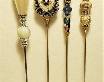 4 Antique Style Victorian Hat Pins with Vintage & Antique Pieces