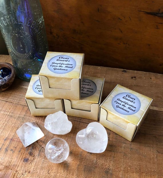 Set of 4 Clear Quartz Crystal Shapes, Polished Clear Quartz, Quartz Heart, Quartz Sphere, Raw Clear Quartz, Quartz Pyramid, Stocking Stuffer