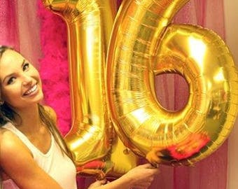 Large Number 16 Balloon for Parties get in 16" or 42" Gold or Silver, Free Shipping, Birthday Balloons, Party Decor, Balloon Banner
