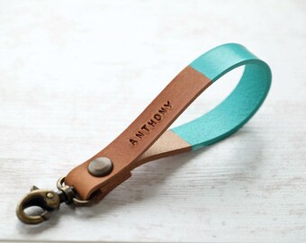 Leather Keychains Personalized - Turquoise Leather Keychain - Custom Christmas Gift - Monogram Key Fob Key Ring- Christmas Gift for Women -