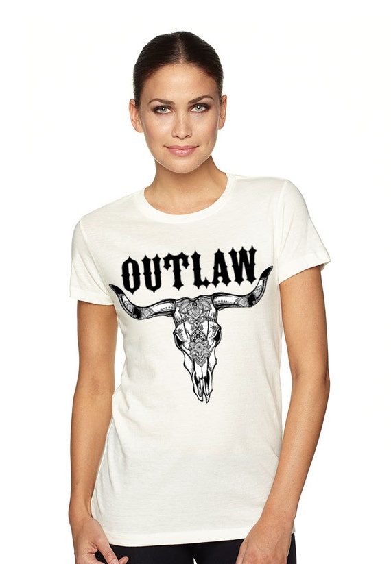 Ladies OUTLAW boho cowskull Western graphic t shirt ladies
