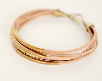 leather bracelet Thin leather bracelet Multi strand Leather Bracelet for women Natural Leather Curved Tube Bracelet Gold bar bracelet