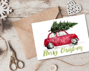 Christmas Card Set -- A Christmas Car and tree happy holiday card set