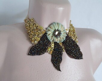 Necklace jewelry beadwork, Romantic jewelry,Hand beaded ,Bohemian art to wear,Wedding necklace,Unique art to wear,Gold brilliance