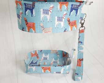 Smalll Clear Knitting Project Bag, Llama on Blue, Clear Vinyl Bag, Sock Knitting Bag, Clear window drawstring project bag CVS0066