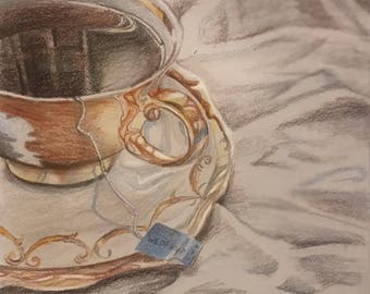 Original Drawing Colored Pencil of Teacup and Saucer on tablecloth