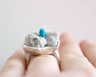 Cavansite ring. Sterling silver ring with natural Cavansite cluster. Raw Cavansite ring, Cavansite crystal ring, drusy Cavansite ring.