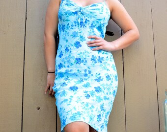 blue floral chiffon knee length dress spaghetti straps size XS S M