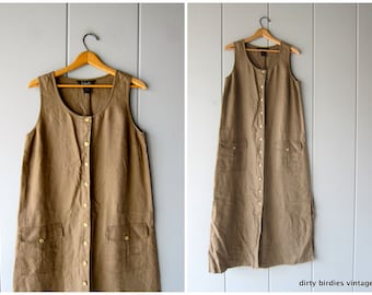 90s LINEN Dress Long Minimal Sun Dress Button Down with Pockets Vintage Loose Fit Frock Natural Brown Sundress Casual Dress Womens 8 Medium