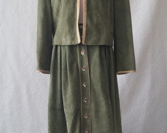 Vintage German dirndl oktoberfest green suit suede leather folk boho Size 18
