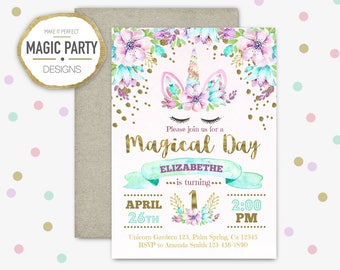 Unicorn Birthday Invitation, Unicorn party Invitation, Glitter invite, first birthday, Birthday girl Invitation, floral invitation printable