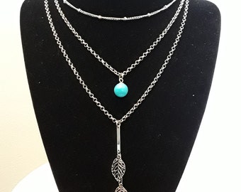 Layered Necklace Leaf Bead Boho Silver Stainless Steel 3 Layer Chain - Custom Made