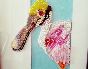 Hand beaded Framed Roseate Spoonbill