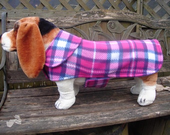 Dog Jacket-Navy and Pink Plaid Fleece Coat - Size Medium - 16 to 18 Inch Back Length
