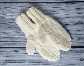 Hand Knit Toddler Mittens, Gender Neutral Ivory Cream Warm Winter Clothing Girl or Boy Kids Size 1 to 2 Years, Preschool Child Birthday Gift