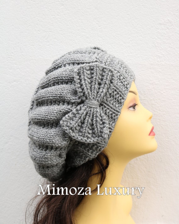 Gray Woman Hand Knitted Hat with Bow, Grey Beret hat with bow, gray knit hat, slouchy knit women's hat with bow, winter hat, grey women hat