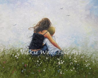 Mother and Son Art Print, mom, boy, brunette mother, blonde son, mom hugging son, loving mother, mother's day gift, Vickie Wade Art