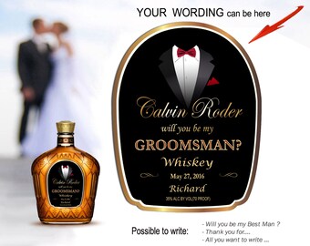 Will you be my groomsman label. Custom wedding bottle labels. Best man gift ideas. Custom whiskey labels. Mini bottle labels. Personalized