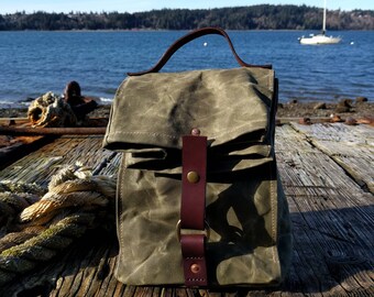 Olive Green Waxed Canvas, Cordura, and Wickett & Craig Leather Insulated Lunch Bag