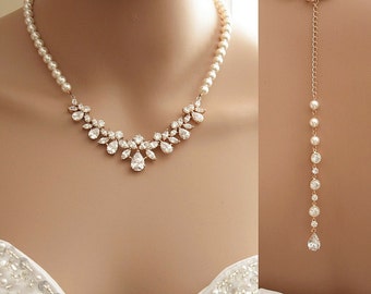 Rose Gold Backdrop Necklace, Bridal Back Necklace, Crystal Pearl Wedding Necklace, Rose Gold Wedding Necklace Back Bridal Jewelry, Nicole
