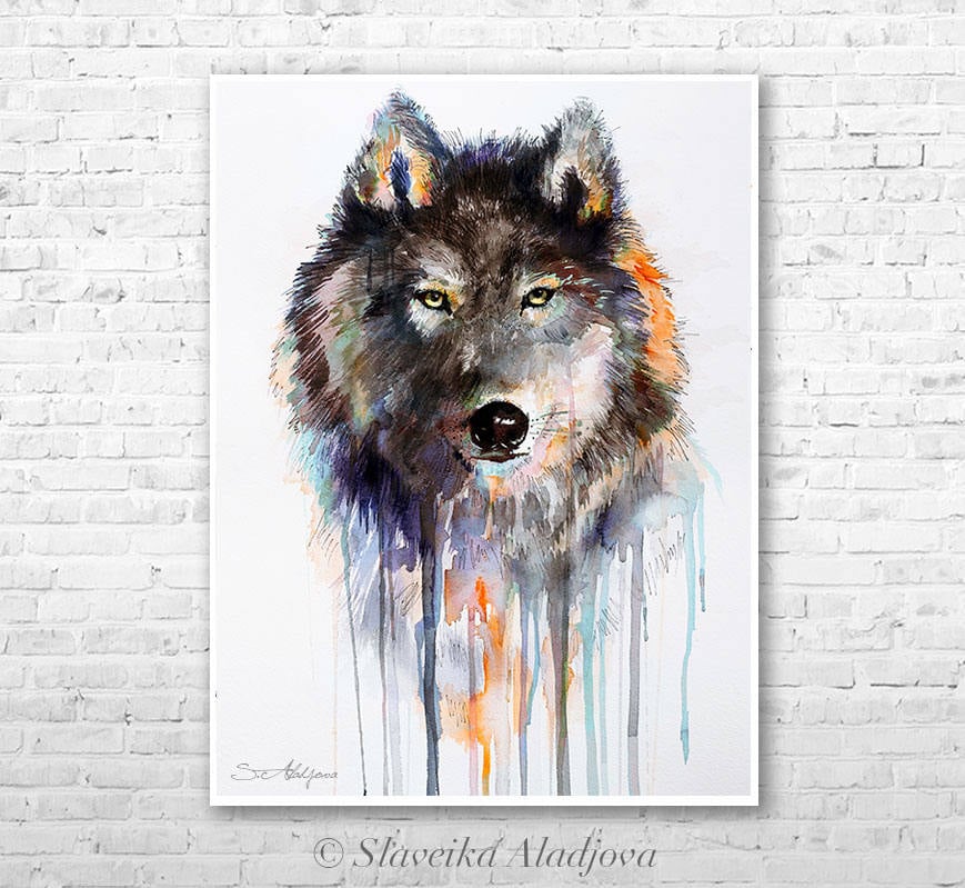 Charcoal Wolf watercolor painting print by Slaveika Aladjova