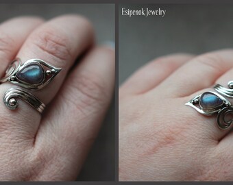 Silver adjustable wire wrapped ring Beauty gift for wife daughter mom sister Fantasy inspired jewelry Sterling silver 925 Metal flower