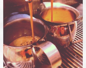 Square Espresso Running Into Metal Bell Cups Print