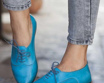 Women Leather Shoes, Leather Oxfords, Oxford Shoes, Painted Leather Shoes, Closed Shoes, Blue Shoes, Handmade, Free Shipping