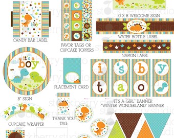 Dinosaur Baby Shower Decorations Printable - Dinosaur Party - Dinosaur Party Supplies - Dinosaur Party Package - Dinosaur Party Printable