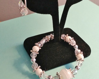 Handmade White Clear & Silver Bead Stretch BRACELET + EARRINGS SET
