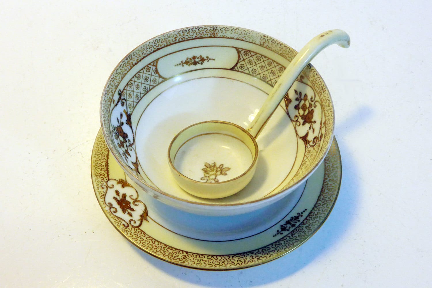 Antique Noritake Gravy Bowl w/ Ladle & Saucer Hand painted Ivory