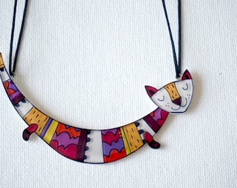 Cat statement necklace, illustrated cat jewelry, colorful gift for her, cute acrylic cat necklace