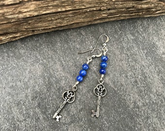 Lapis and Key Earrings - Lapis Lazuli Earrings - Key Charm Drop Earrings - Antique Silver Jewelry - Antique Key and Lapis Dangle Earrings