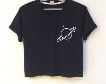 Saturn planet black crop top is screen for women size is S-M-L-XL ( This showing is size S) .
