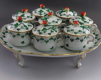 8 Vintage Porcelain Herend Persil Green Leaf Pots de Creme w/ Tray
