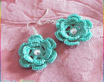 Crochet Flower Earrings with Rhinestones