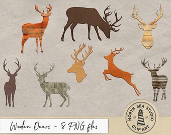 Wooden Deers Clipart, Stag Graphic Elements, 8 PNG Images, Different Wood Styles, Forest Clipart, Instant Download, Coupon Code: BUY5FOR8