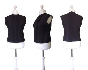 Black 1950's Top | 50's Vintage | Black Blouse | Button Back | Trevira | Sleeveless Shell Top