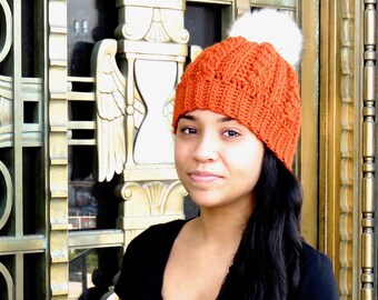 Pom Pom Hat, Crochet Pom Pom Hat, Tam Hat, Crochet Hat, Color is Orange,