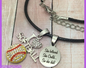 Softball Necklace - End of Season Softball Gifts - She Believed She Could So She Did - Team Gifts - Graduation Gift - Senior Night - I Heart