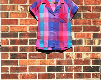 Pastel Plaid Top. Vintage, Colorful, Button-Down, Cotton Shirt