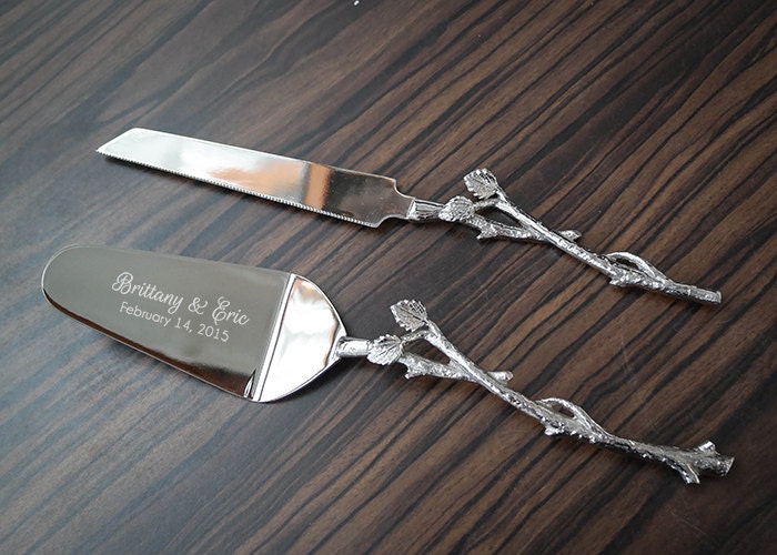 Personalized Silver Leaf Cake Knife And Server SET Rustic Personalized Silver Leaf Cake Knife And Server SET Rustic