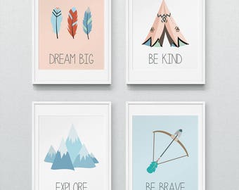 Tribal Nursery, Tribal Prints, Nursery Wall Art, Boho tribal nursery, Nursery Prints, Nursery Decor - Dream Big/Explore/Be Brave/Be Kind