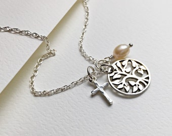 Tree Of Life Cross Necklace, Sterling Tree Necklace, Family Necklace, Dainty Sterling Tree