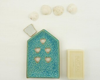 soap dish ceramic, blue soap dish, soap holder, draining soap dish, ceramic house