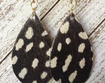 Brown and White Hair On Leather Statement Earrings