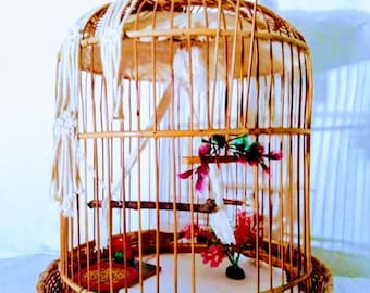Bird cage, small bird, colors bright. Hawaiian Tiki house for your pet. a small bird fits. Baby canary parakeet was raised in one
