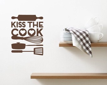 Kiss The Cook Quote Lettering Kitchen Love Relationship Vinyl Wall Decal Sticker Art Mural